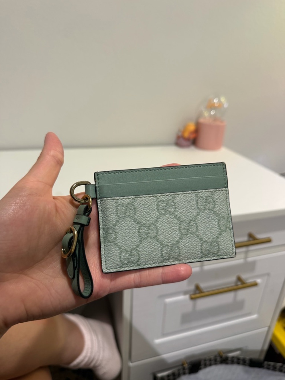 Gucci Green Monogram Card Holder Wristlet